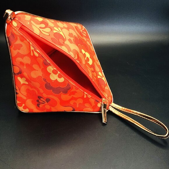 Vintage 70s Orange Flower Power Pyramid Cosmetic Bag, Travel Toiletry Pouch - Picture 1 of 13